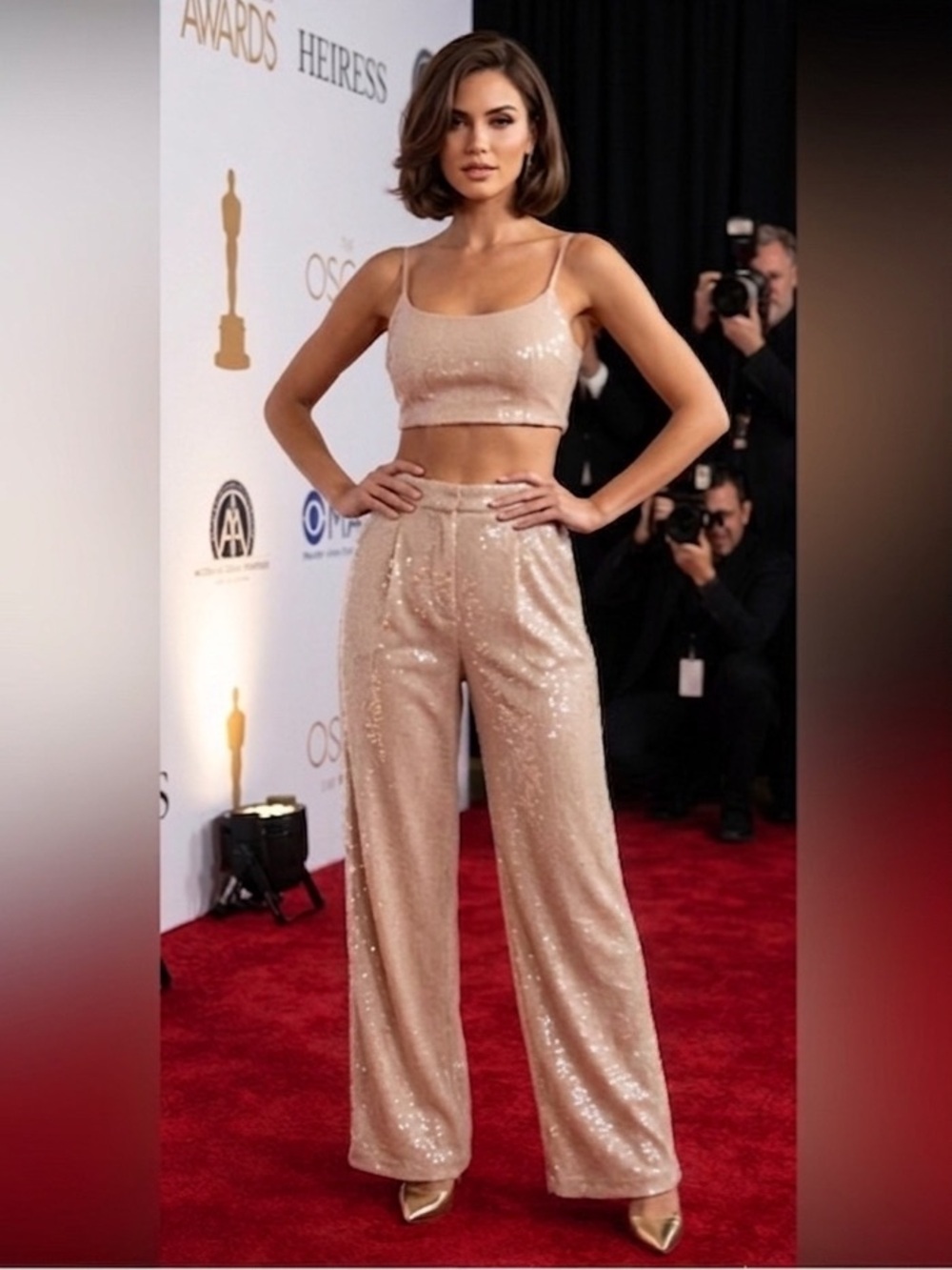Heiress Beverly Hills Nude Wide Leg Sequin Pants sz M New tall